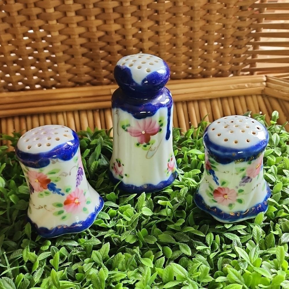 Vintage Cobalt Blue & Handpainted Floral Salt, Pepper & Cinnamon Shakers
